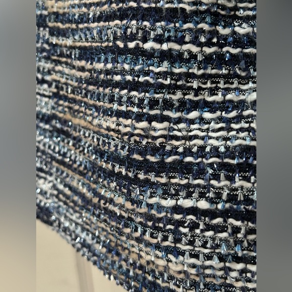 Alfred Dunner Tweed Metallic Blue Jacket Open Front Faux Vegan Leather Size 12 - Picture 7 of 12